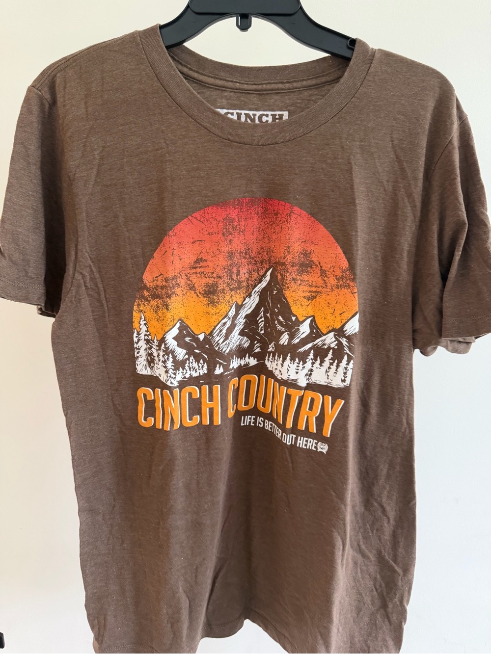 Cinch Brown Tee with Orange & Red Mountain Sunset Graphic